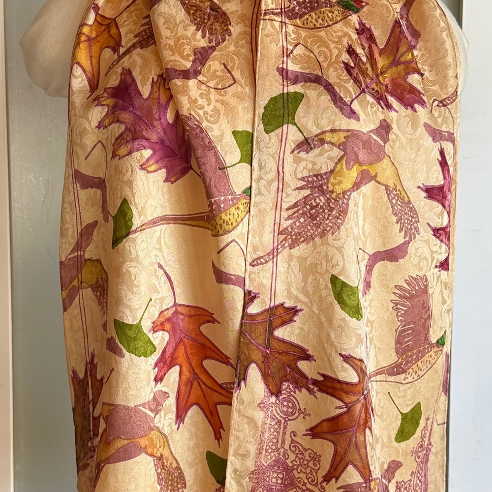 Jacquard Silk Scarf Original Design Pheasants and Leaves, All Handmade